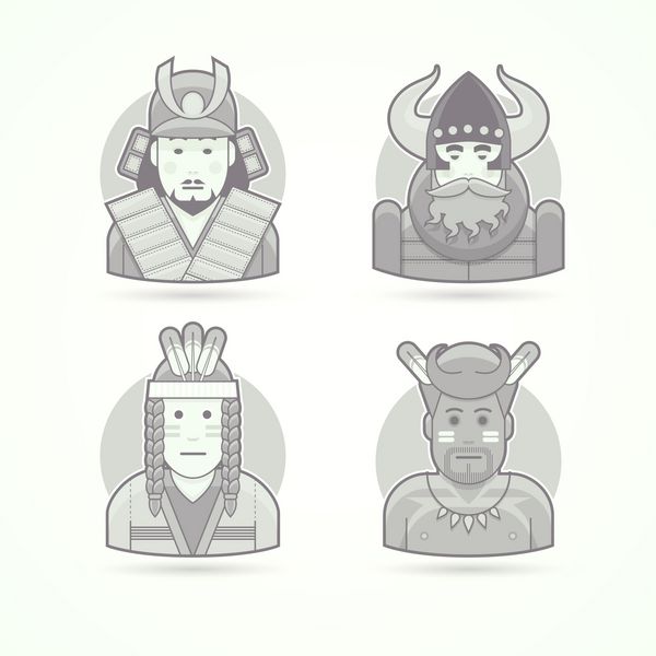 جنگجوی سامورایی ژاپنی وایکینگ مرد سرخ پوست بومی آفریقایی مجموعه ای از تصاویر وکتور شخصیت آواتار و شخص سبک مشکی و سفید مسطح مشخص شده