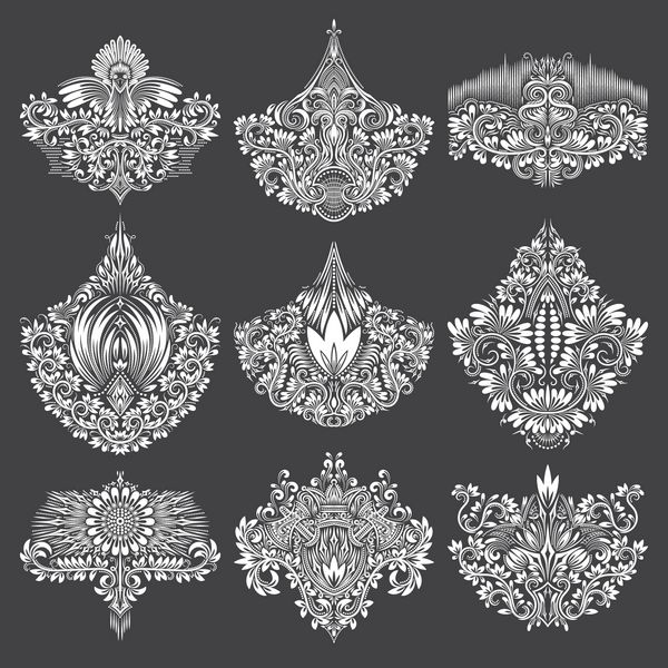 مجموعه ای از عناصر زینتی برای طراحی تزئینات گل سفید روی مشکی الگوهای ایزوله در سبک اوکی وینتیج