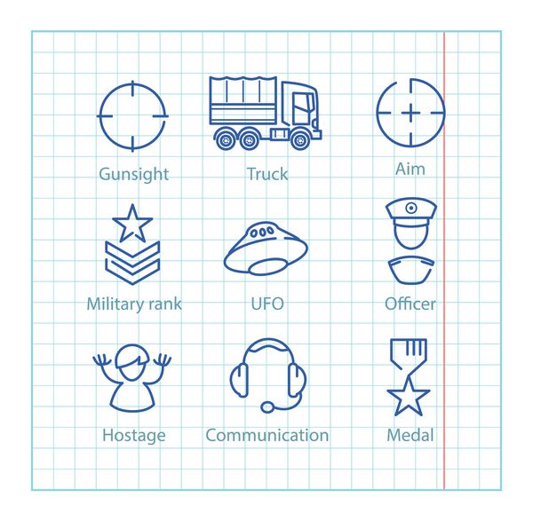وکتور آیکون های خط نازک برای اینفوگرافی نظامی بازی موبایل ux ui بر روی پس زمینه کاغذی تنظیم شده است