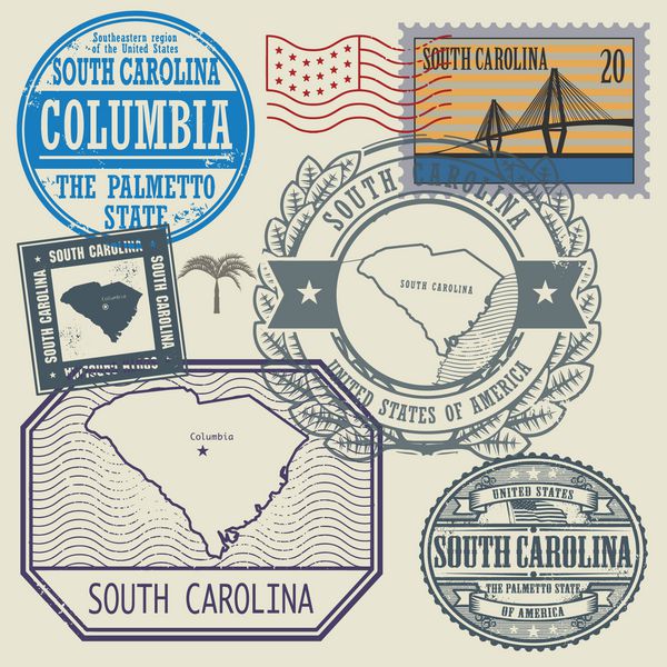 مجموعه تمبر با نام و نقشه کارولینای جنوبی ایالات متحده