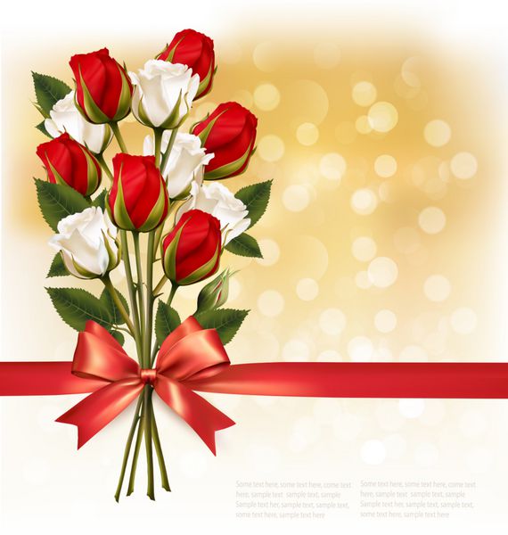 دسته گل رز قرمز و سفید با روبان قرمز روی بوکر طلایی