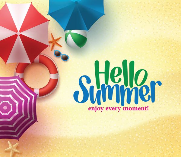 سلام پس زمینه تابستانی با چتر رنگی توپ ساحلی و کشتی نجات در ساحل دریای ماسه برای فصل تابستان تصویر برداری