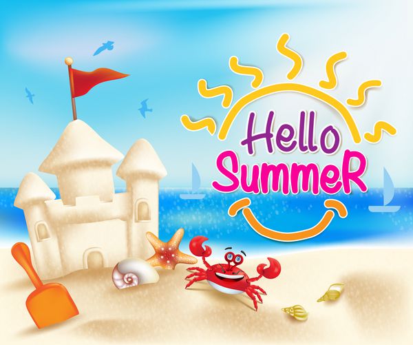 سلام ساحل تابستانی در آسمانی آبی روشن با قلعه شنی و صدف دریایی در ساحل رنگارنگ دریا تصویر برداری