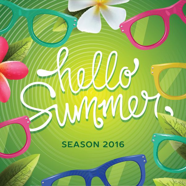 سلام تابستان الگوی فصلی پس زمینه سبز با عینک آفتابی وکتور