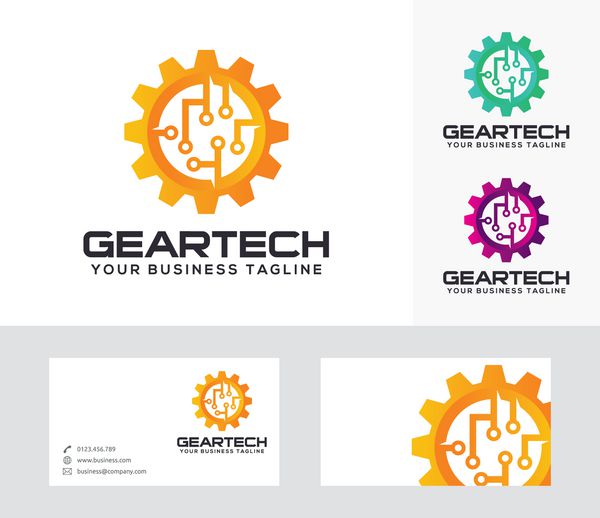 لوگوی وکتور gear tech با رنگ های جایگزین و الگوی کارت ویزیت