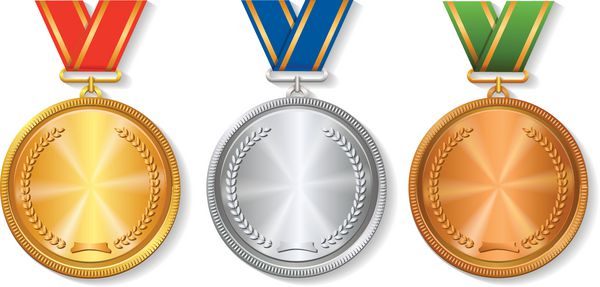 مجموعه مدال های طلا نقره و برنز بر روی سفید