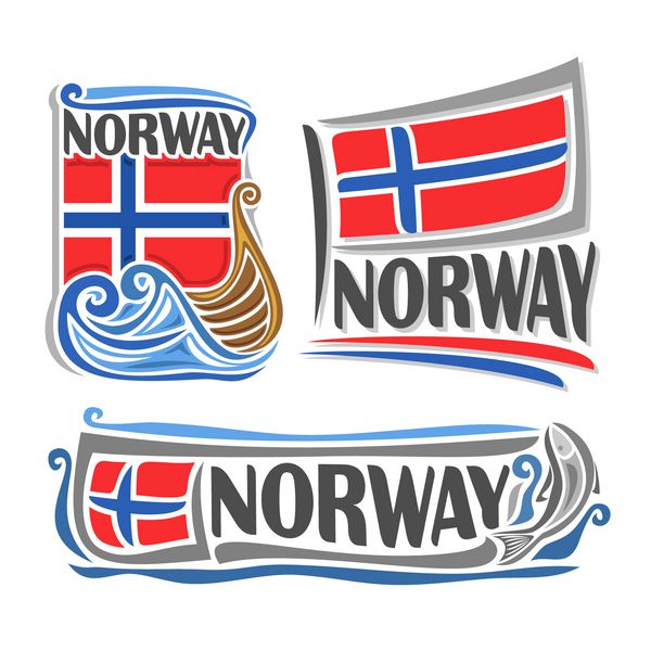 وکتور از لوگوی نروژ متشکل از 3 تصویر جدا شده پرچم نروژ بر فراز قایق روی امواج نماد افقی نروژ و پرچم در پس زمینه ماهی