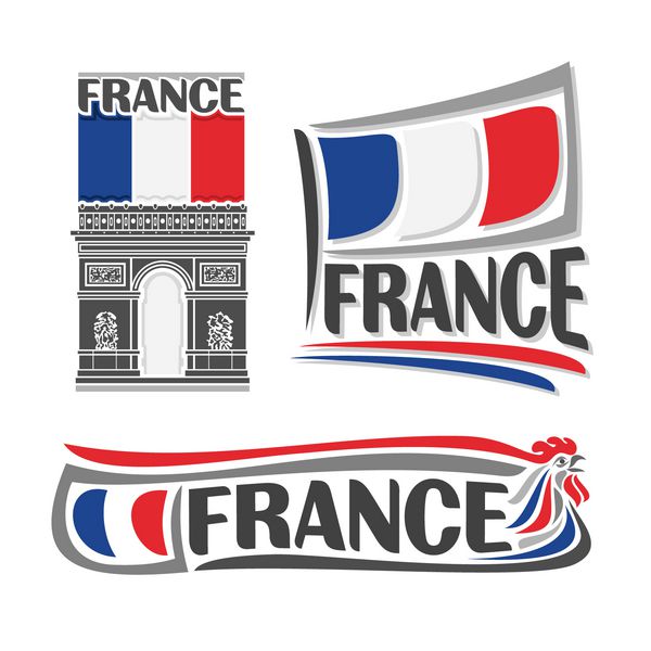 وکتور از آرم فرانسه متشکل از 3 تصویر جدا شده پرچم فرانسه روی طاق پیروزی نماد افقی فرانسه و پرچم روی پس زمینه خروس گالیک
