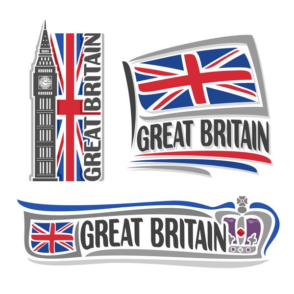 لوگوی وکتور برای بریتانیای کبیر متشکل از 3 تصویر جدا شده تصویر پرچم عمودی با بیگ بن نماد افقی پادشاهی متحده و پرچم در پس زمینه تاج بریتانیا