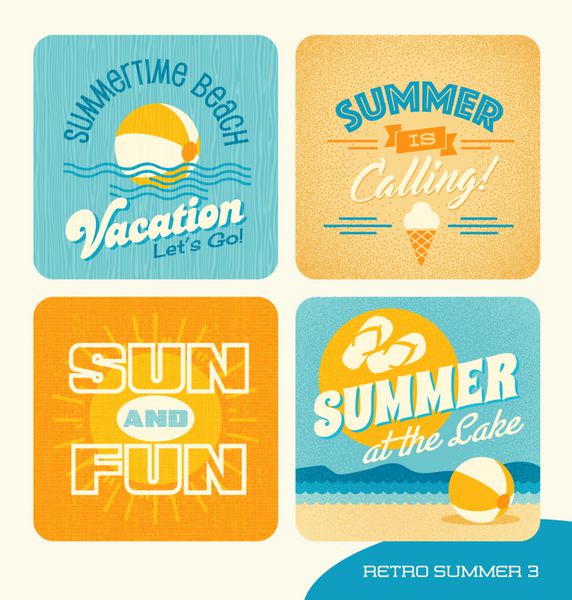 عناصر طراحی تابستانی رترو برای کارت ها بنرها تی شرت ها