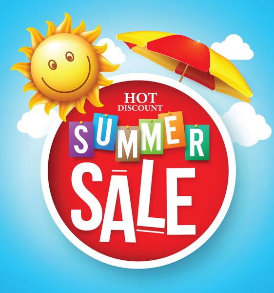 فروش تابستانی تخفیف داغ در دایره قرمز شناور با چتر و خورشید خوشحال در آسمان ابری برای تبلیغات تابستانی تصویر برداری