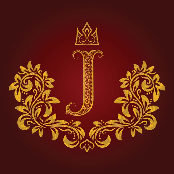 مونوگرام حرف j طلایی طرح دار به سبک وینتیج نشان هرالدیک الگوی لوگوی oque