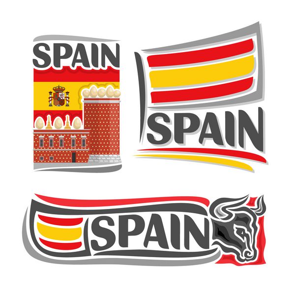 وکتور از لوگوی اسپانیا متشکل از 3 تصویر جدا شده پرچم در پس زمینه موزه سالوادور دالأ نماد اسپانیا و پرچم روی پس زمینه سر گاو نر
