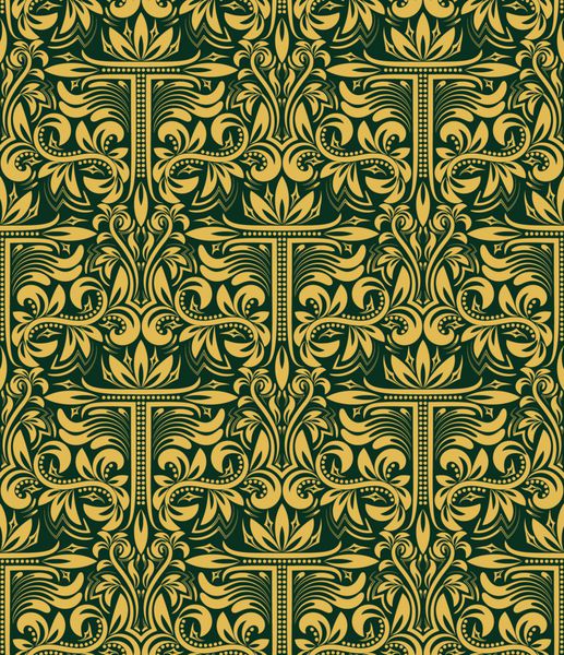 پس زمینه تکرار الگوی بدون درز گلدار زیور آلات سبز طلایی با حرف t به سبک اوکی کاغذ دیواری قابل تکرار طلایی عتیقه