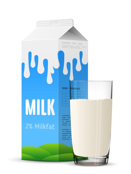 لیوان شیر با بسته بندی بالای شیروانی از نزدیک کارتن شیر گاو و فنجان شیر جدا شده در پس زمینه سفید وکتور برای شیر خدمات غذایی لبنیات نوشیدنی غذا غذای بهداشتی و غیره