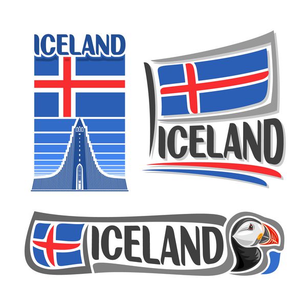 تصویر برداری از لوگوی ایسلند شامل 3 تصویر جداگانه پرچم ایالت بر روی تصویر hallgrimskirkja نماد افقی ایسلند و پرچم در پس زمینه پفک