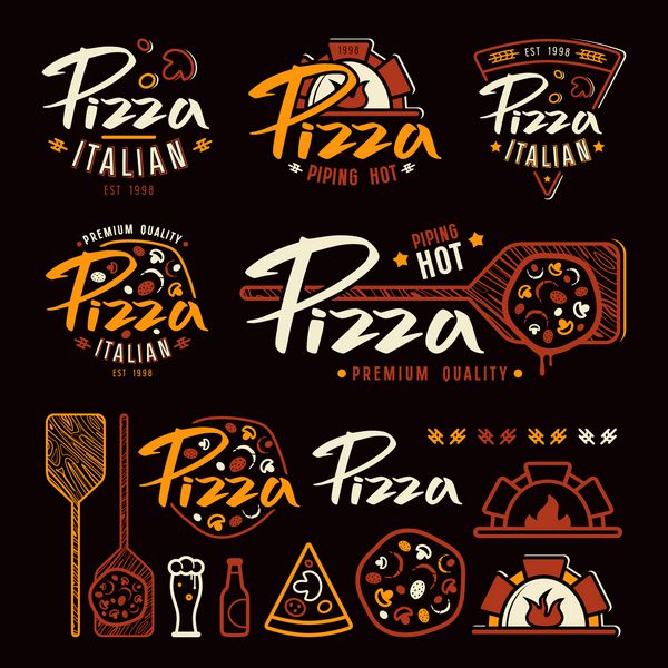 مجموعه ای از برچسب های پیتزا فروشی نشان ها و عناصر طراحی