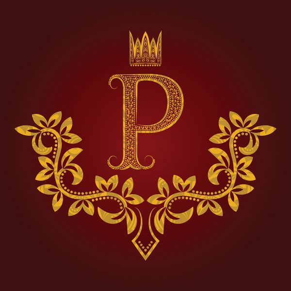 مونوگرام حرف P طلایی طرح دار به سبک وینتیج نشان هرالدیک الگوی لوگوی oque