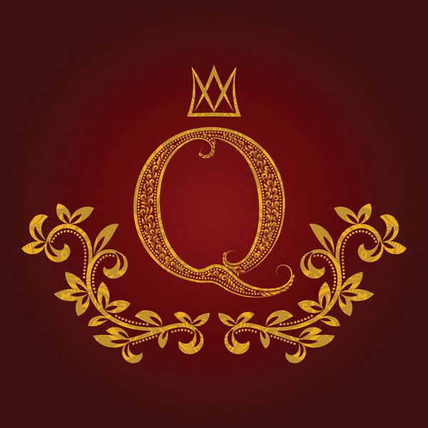 مونوگرام حرف طلایی q طرح دار به سبک وینتیج نشان هرالدیک الگوی لوگوی oque