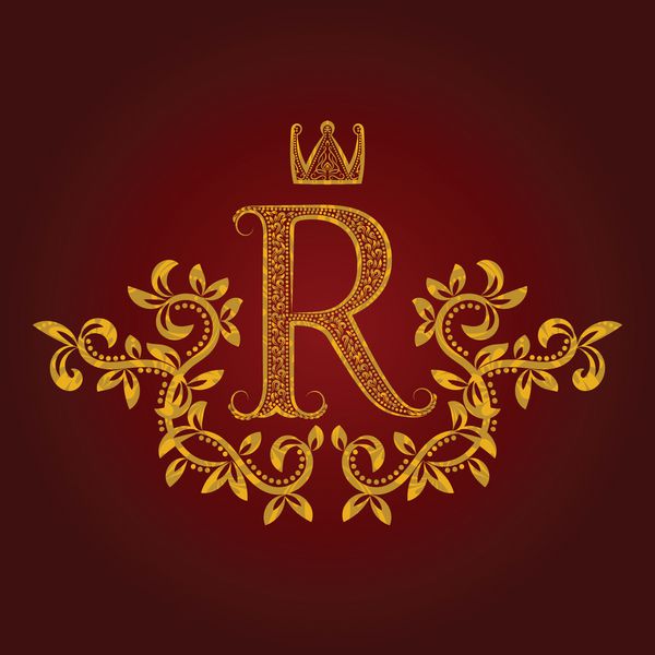 مونوگرام حرف r طلایی طرح دار به سبک وینتیج نشان هرالدیک الگوی لوگوی oque