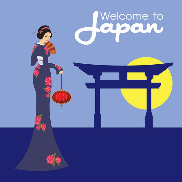 دختر زیبای ژاپنی در کیمونو در پس زمینه وکتور