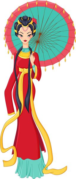 بانوی چینی با لباس سنتی که چتر در دست دارد وکتور