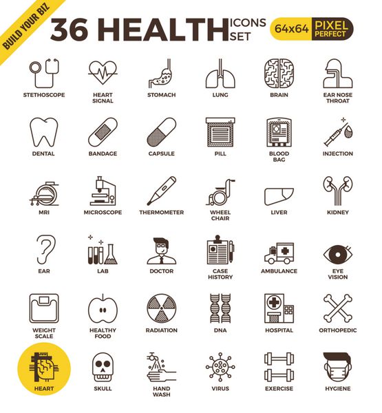 نمادهای طرح کامل پیکسل سلامت و پزشکی