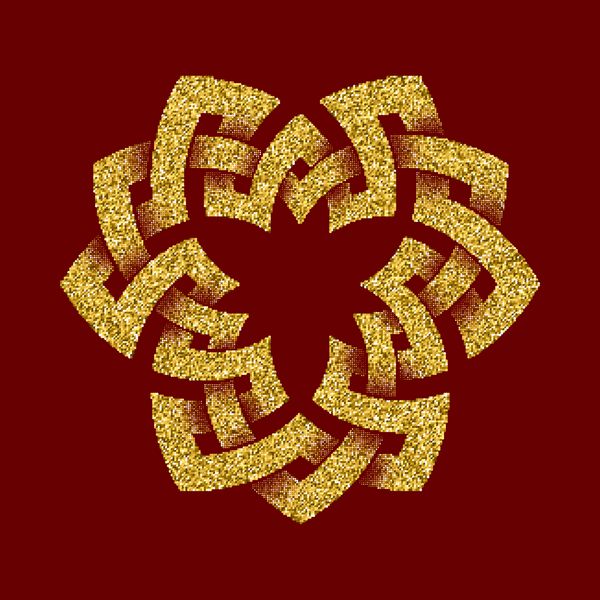 الگوی لوگوی پر زرق و برق طلایی به سبک گره های سلتیک در پس زمینه قرمز تیره نماد به شکل سه فویل زیور آلات طلا برای طراحی جواهرات