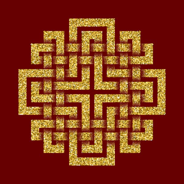 الگوی لوگوی پر زرق و برق طلایی به سبک گره های سلتیک در پس زمینه قرمز تیره نماد صلیب به شکل پیچ و خم مربع زیور آلات طلا برای طراحی جواهرات