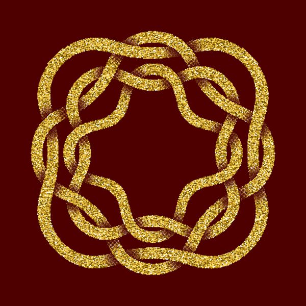 الگوی لوگوی پر زرق و برق طلایی به سبک گره های سلتیک در پس زمینه قرمز تیره نماد قبیله ای به شکل ماز صلیبی هشت ضلعی زیور آلات طلا برای طراحی جواهرات