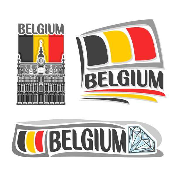وکتور از لوگوی بلژیک متشکل از 3 تصویر جدا شده پرچم ملی در پشت خانه پادشاه در بروکسل نماد افقی بلژیک و پرچم در پس زمینه الماس