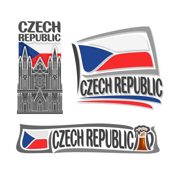 لوگوی وکتور برای جمهوری چک متشکل از 3 تصویر جدا شده st کلیسای جامع ویتوس در پس زمینه پرچم ملی نماد جمهوری چک و پرچم چک در کنار لیوان کف آلود از نمای نزدیک