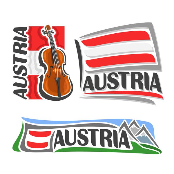لوگوی وکتور اتریش متشکل از 3 تصویر جدا شده ویولن کمانچه در پس زمینه پرچم ملی نماد اتریش و پرچم اتریش در کنار کوه های آلپ از نمای نزدیک