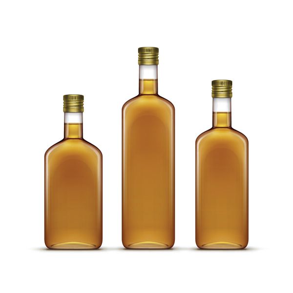مجموعه وکتوری از نوشیدنی های نوشیدنی ویسکی یا بطری های شیشه ای روغن زیتون آفتابگردان جدا شده روی سفید