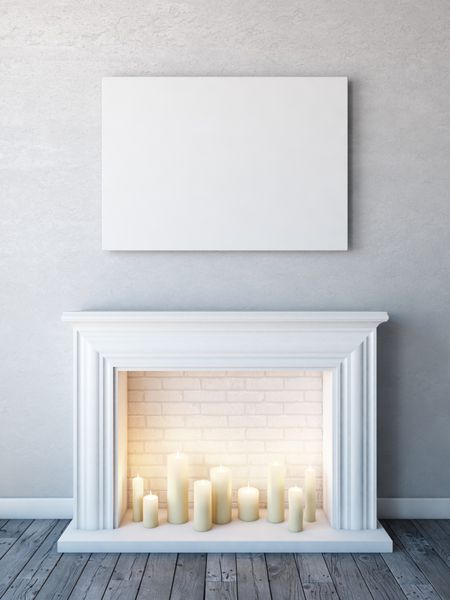 ماکت پوستر افقی در فضای داخلی سفید خنثی با شعله شمع