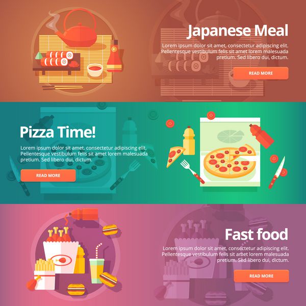 ست بنرهای غذا و آشپزخانه تصاویر مسطح با موضوع سوشی ژاپنی زمان پیتزا فست فود مفاهیم طراحی برداری