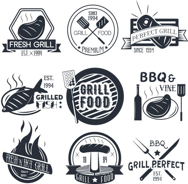 مجموعه وکتور برچسب گریل و کباب پز به سبک قدیمی عناصر طراحی نمادها آرم نشان ها نشان های جدا شده در پس زمینه سفید
