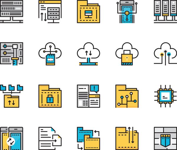 مجموعه ای از نمادهای خط نازک مدرن مجموعه مفهوم پایگاه داده ذخیره سازی رایانش ابری سخت افزار اشتراک گذاری طراحی نماد عالی پیکسل برای گرافیک وب برنامه موبایل تصویر طراحی وکتور
