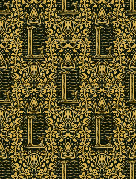 پس زمینه تکرار الگوی بدون درز گلدار تزیین گل سبز طلایی با حرف L و تاج به سبک اوکی کاغذ دیواری قابل تکرار طلایی عتیقه