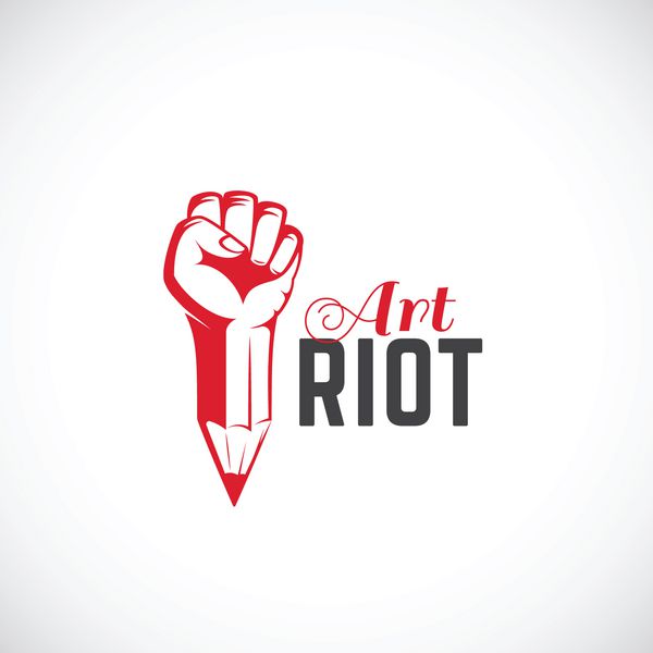 تابلو نماد نماد یا الگوی لوگوی انتزاعی هنر شورش مشت شورشی قرمز مخلوط با مفهوم مداد دست انقلاب تلطیف شده