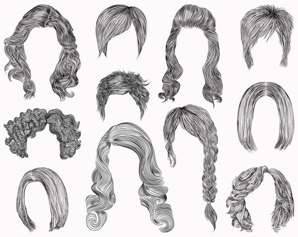 مجموعه ای از مو و مدل موی مختلف Fringe curly cascade kare طرح طراحی با مداد