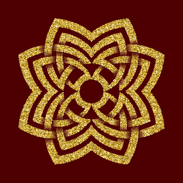 الگوی لوگوی پر زرق و برق طلایی به سبک گره های سلتیک در پس زمینه قرمز تیره نماد قبیله ای به شکل ماز گل هشت ضلعی زیور آلات طلا برای طراحی جواهرات