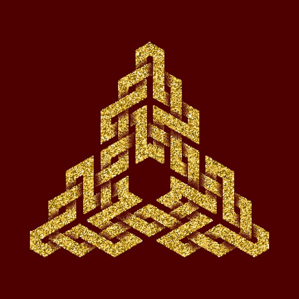 الگوی لوگوی پر زرق و برق طلایی به سبک گره های سلتیک در پس زمینه قرمز تیره نماد به شکل مثلثی زیور آلات طلا برای طراحی جواهرات
