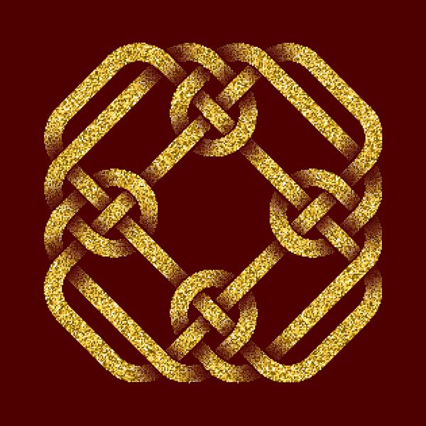 الگوی لوگوی پر زرق و برق طلایی به سبک گره های سلتیک در پس زمینه قرمز تیره نماد قبیله ای به شکل ماز لوزی صلیبی شکل زیور آلات طلا برای طراحی جواهرات