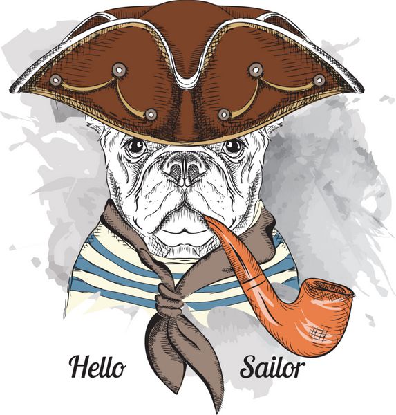 تصویر سگ پرتره در کلاه ملوانی و با لوله تنباکو وکتور