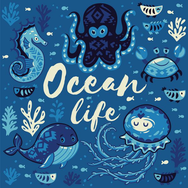 زندگی اقیانوسی کارت دوست داشتنی با حیوانات زیبا در سبک دریایی