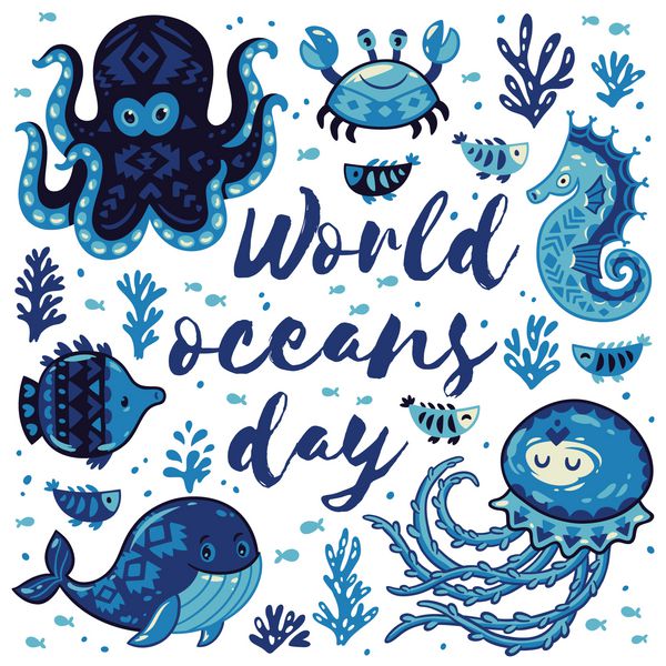 روز جهانی اقیانوس ها کارت با حیوانات زیبا در سبک دریایی