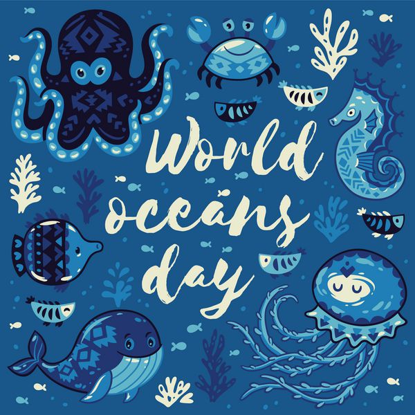 روز جهانی اقیانوس ها کارت با حیوانات زیبا در سبک دریایی