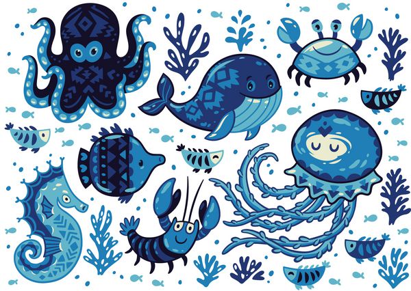 مجموعه ای از حیوانات کارتونی زیبا در سبک دریایی