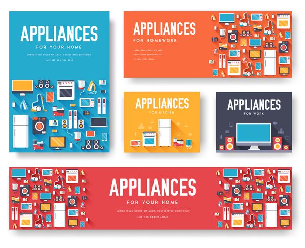 مجموعه کارت های لوازم خانگی قالب الکترونیکی flyear مجلات پوسترها جلد کتاب بنرها پس زمینه مفهومی اینفوگرافیک دستگاه ها صفحات قالب تصاویر چیدمان